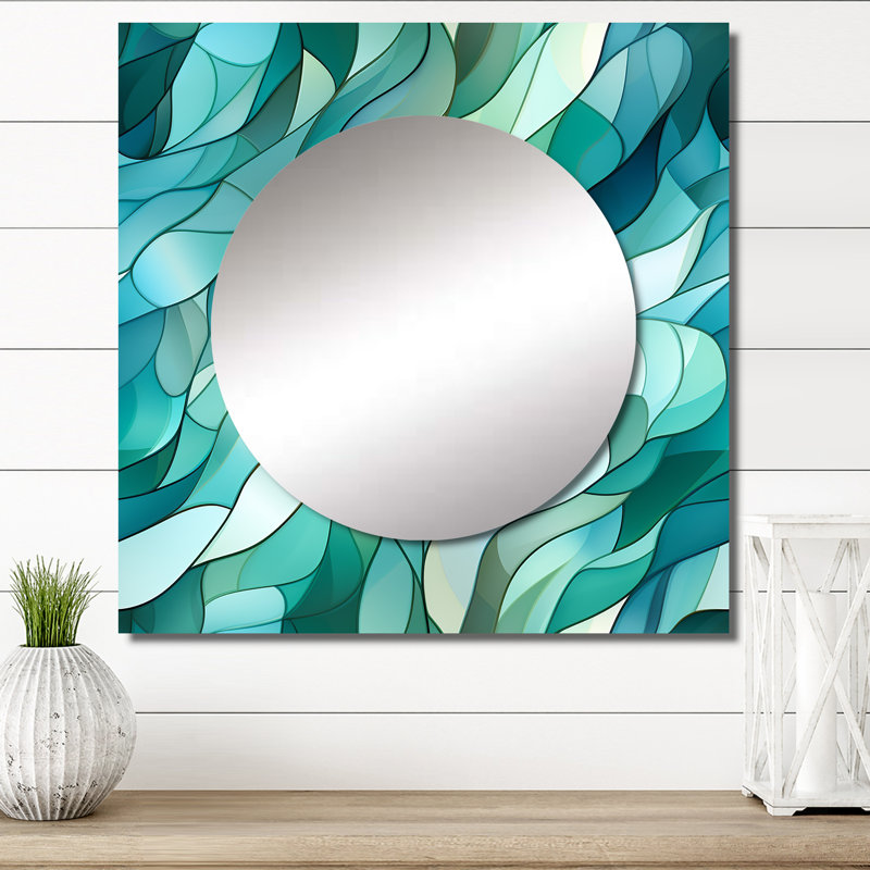 Motif de bord de mer mosaïque émeraude côtière I - miroir mural carré moderne pour chambre à coucher, 23 po x 23 po