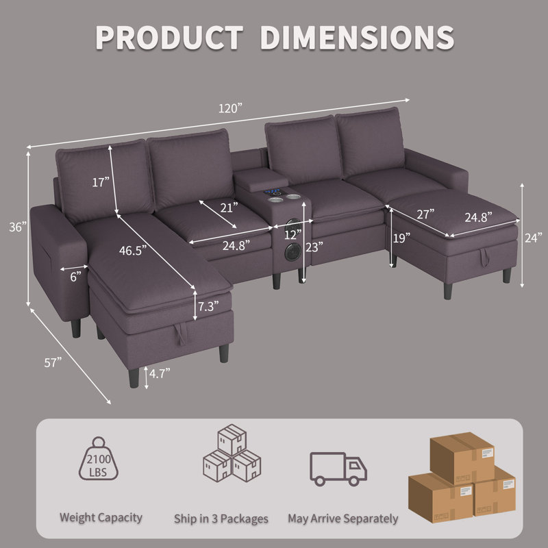 Canapé d'angle modulaire en forme de U 5 places de 120 pouces avec poufs de rangement, haut-parleur Bluetooth, éclairage RVB et station de recharge