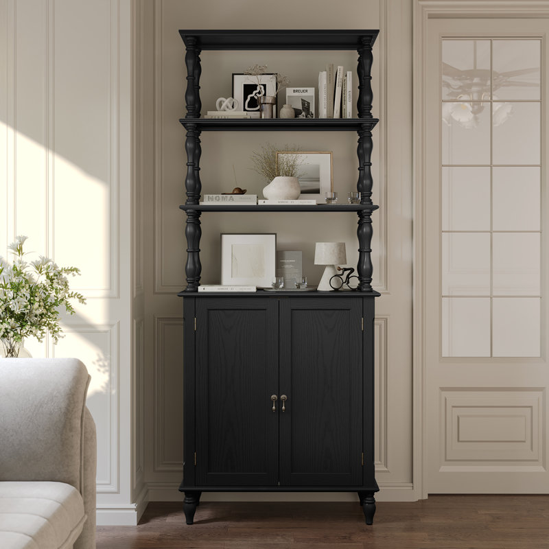 77" Tall Bookshelf with Cabinet, Freestanding Storage Cabinet with Solid Wood Legs, Retro Bookcase, Black
