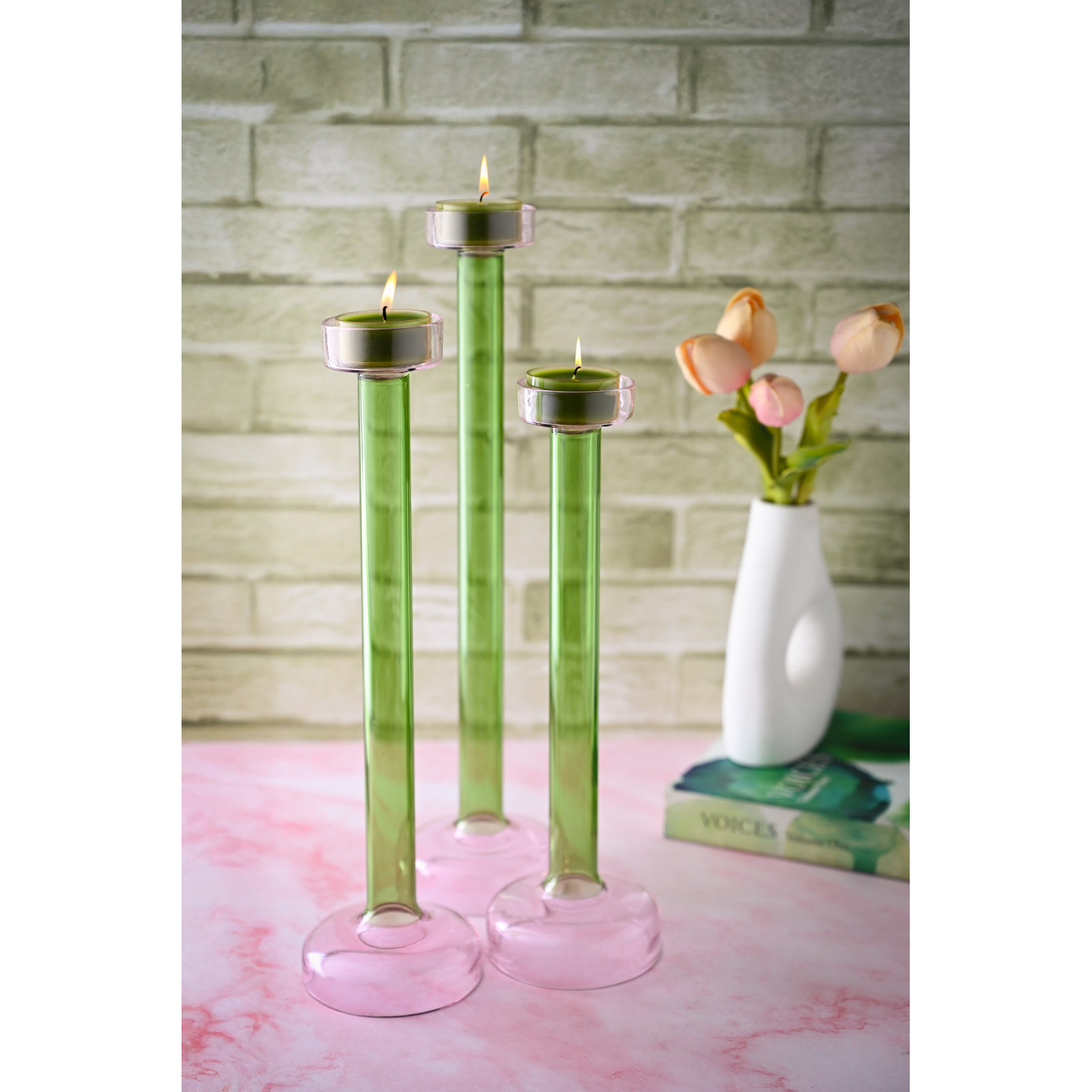 Ahmad Glass Candle Holder Lg, 13.25"H x 3" W x 3" D, Green