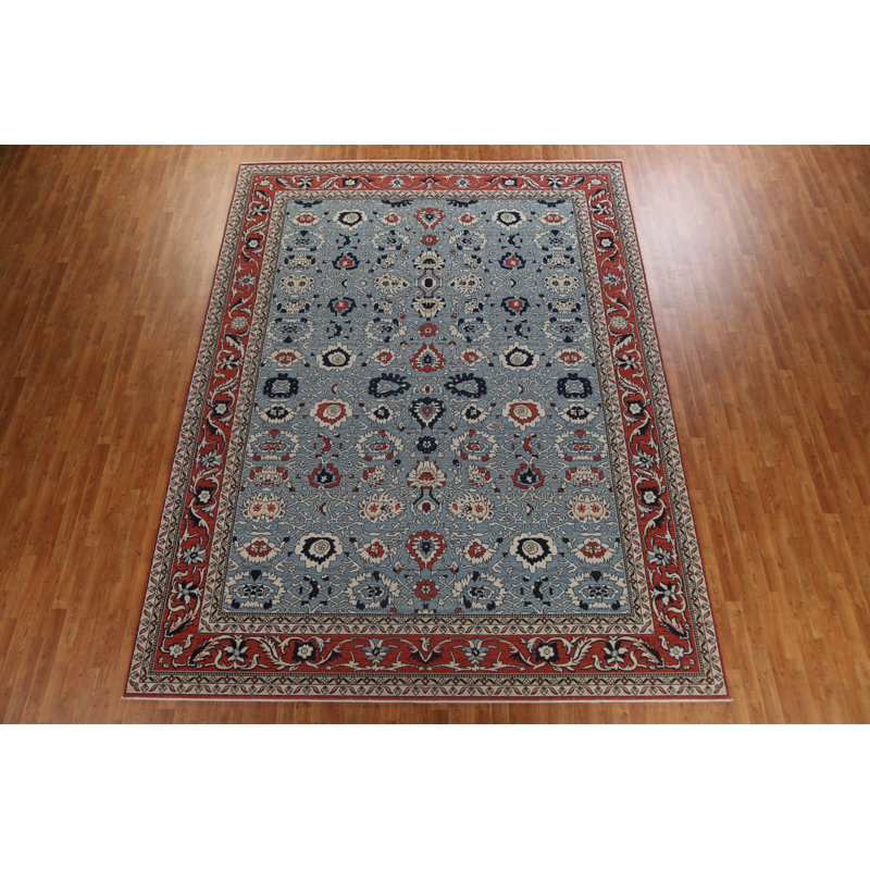 Tapis unique en laine noué à la main bleu marine / crème / rouge / gris nouvel âge 9 pi 9 po x 13 pi New Age