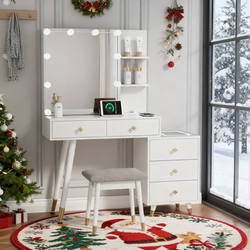 Ensemble de tabouret de coiffeuse Bloye, Blanc