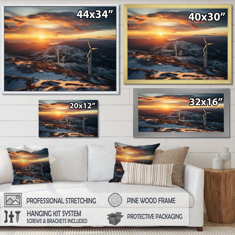 «Sunset Wind Turbines Mountain View VI - Wind Turbines», art mural, Cadre doré à coins fermés, H 12 po x l 20 po x P 1 po