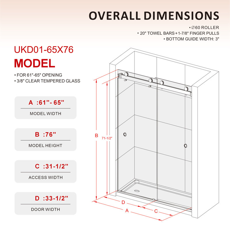 Royal 61 to 65 in. x 76 in. H Frameless  Double Sliding Shower Door with Two Finger Pulls in Matte Black and 3/8 in. (10mm) Clear Glass