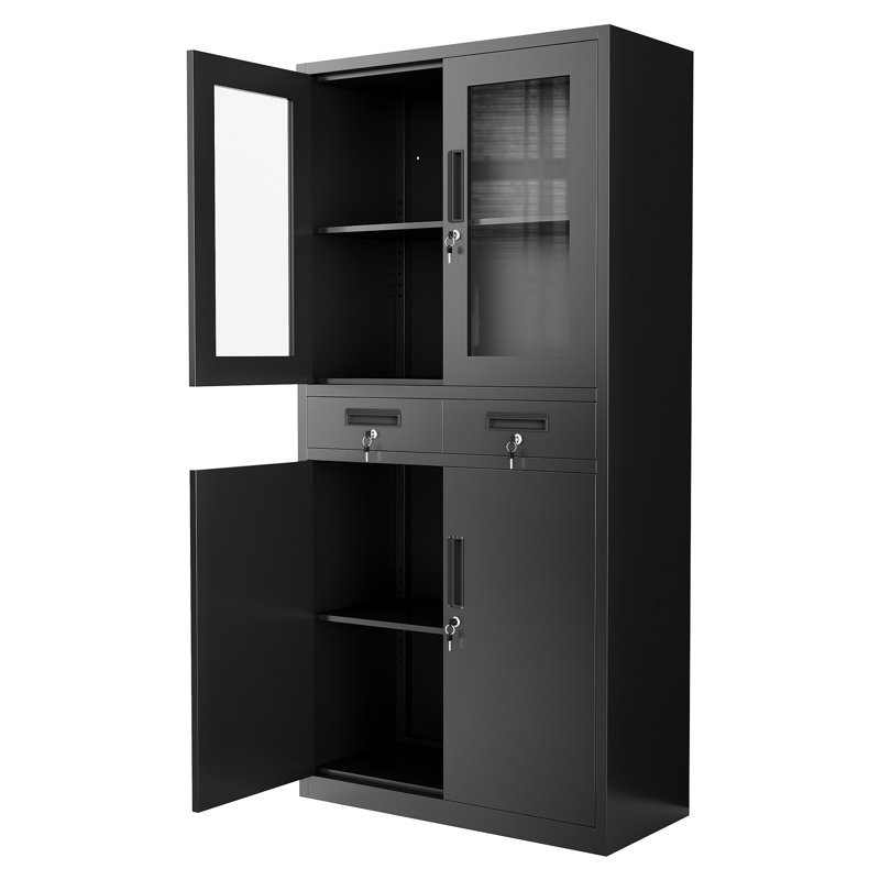 Armoire de rangement verrouillable en métal avec portes en verre - 71 pouces de hauteur, 2 tiroirs, 2 tablettes réglables, poignée encastrée, étanche, gestion des clés commerciale - noir