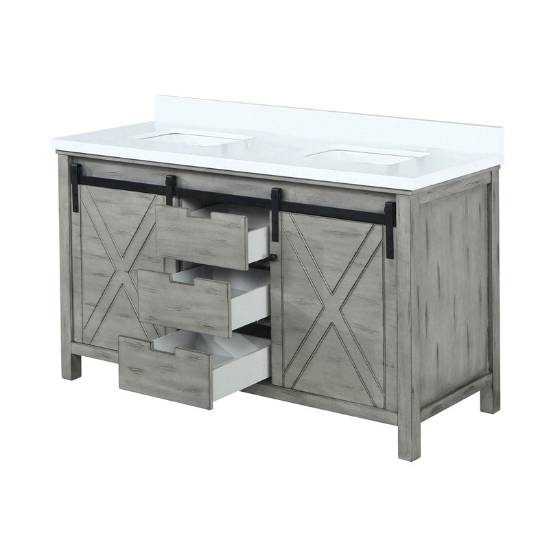 Meuble-lavabo double l 60 po x P 22 po, comptoir en quartz gris cendré et blanc, bois massif, fermeture en douceur, égratignure et teinture, nombreuses possibilités de rangement