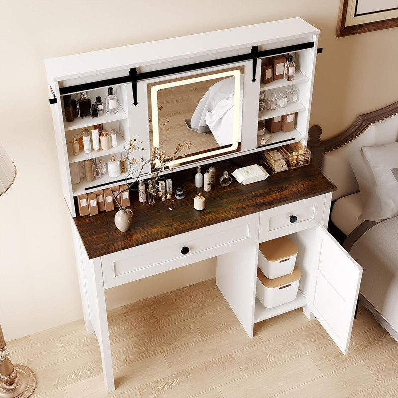 Vanity Desk with LED Lighted Mirror & Power Outlet, Makeup Table with 3 Drawers & Stool for Bedroom, White