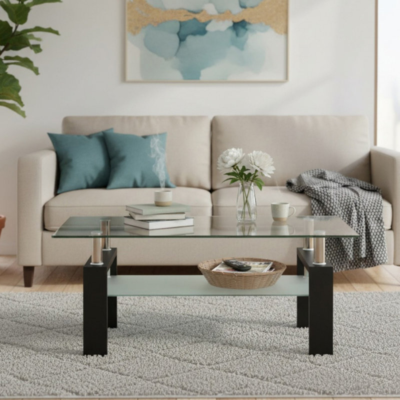 Table basse rectangulaire en verre, table basse transparente, tables d'appoint modernes pour le salon, Transparent + noir