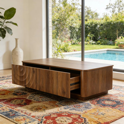 Table basse moderne avec tiroirs de rangement, texture ondulée, base flottante cachée, table de salon