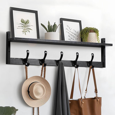 29'' Coat Rack Wall Mount With Shelf, Wood Wall Hooks With Storage, Entryway Shelf With 5 Coat Hangers For Bathroom, Living Room, Bedroom -  17 Stories, C8986A2984E24453B64E5349A5BB7CEA