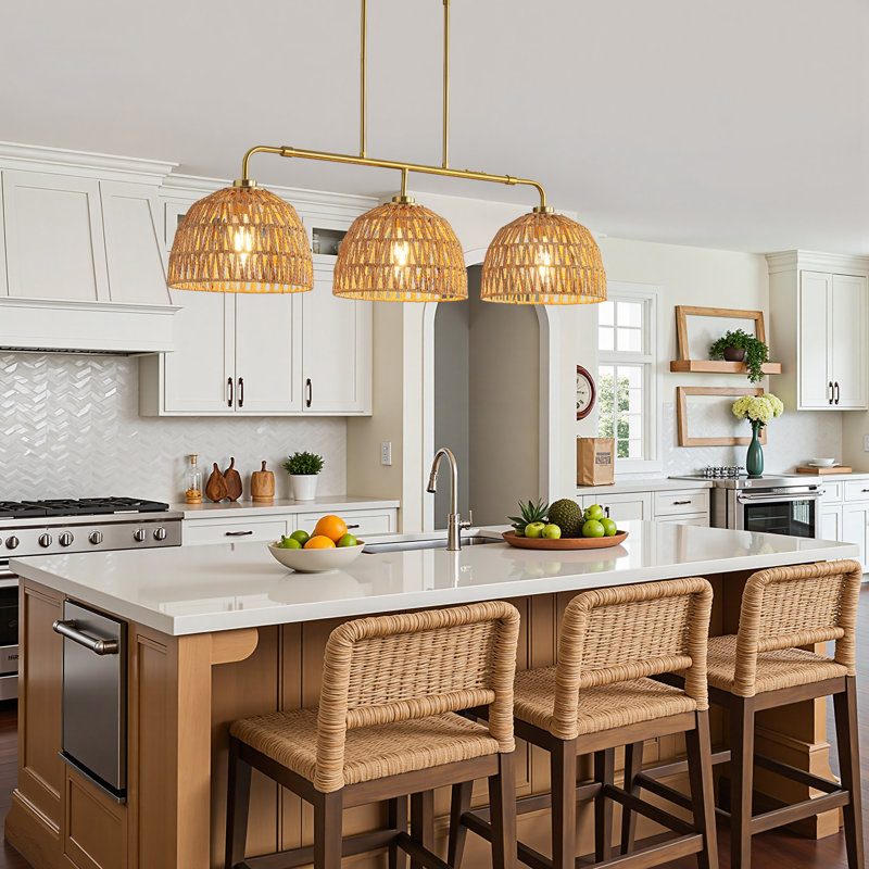 Buonomo 66.1" H 3-Light Rattan and Metal Dimmable Island Pendant, Copper/Gold