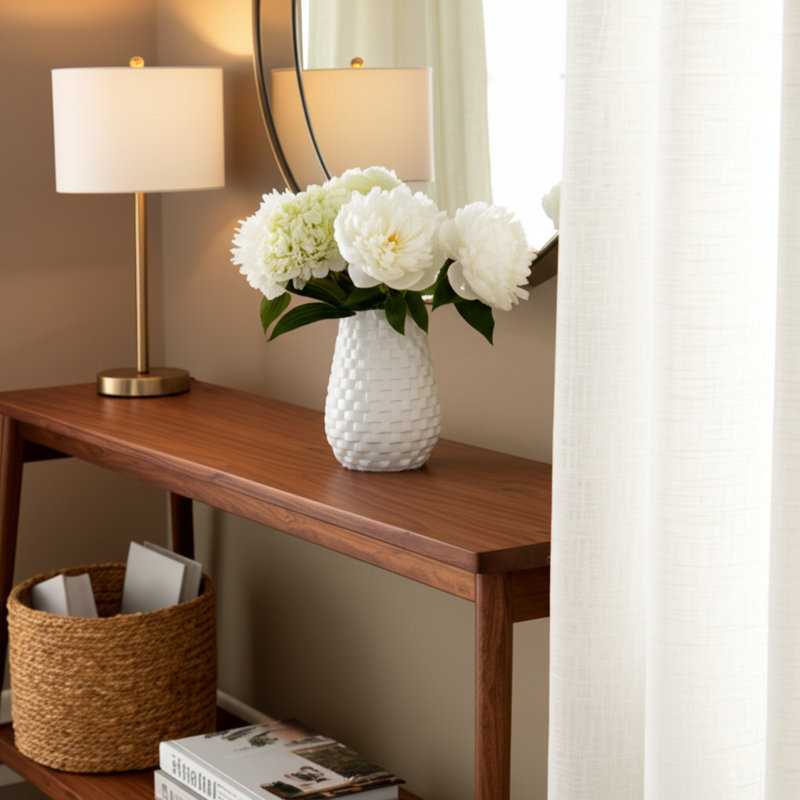Vase en grès cérame avec motif losangé texturé et bordure brune - 6 x 6 x 9 blanc décontracté pour le salon, le bureau, la chambre à coucher ou la maison