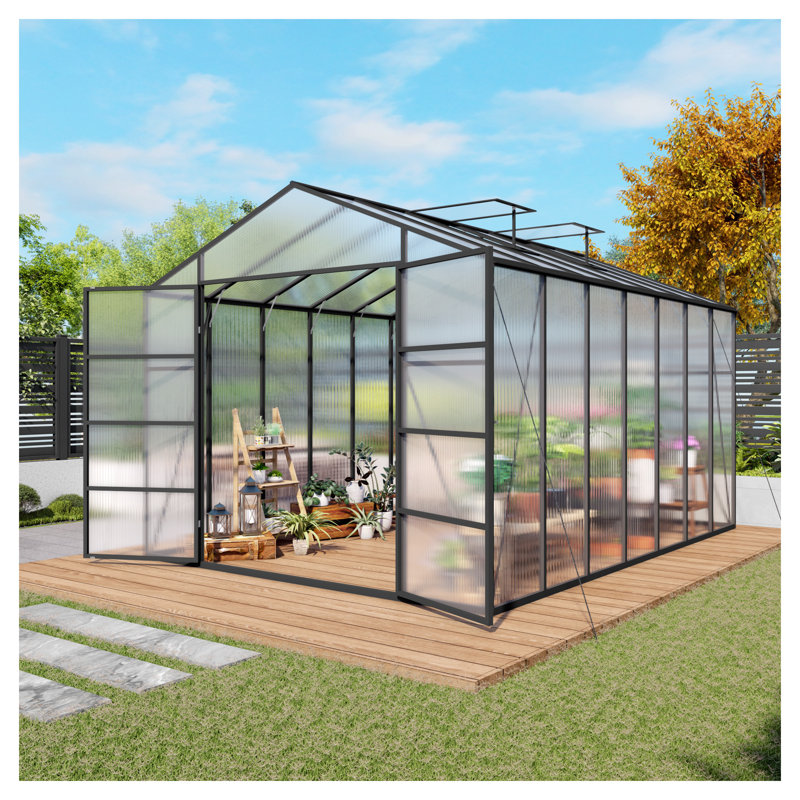 10x14 FT Heavy Duty Aluminum Greenhouse with Polycarbonate Panels - Walk-in Outdoor Garden House for All Season Planting