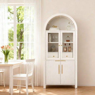 71" Tall Fluted Pantry Cabinet With Arched Glass Doors & Adjustable Shelves, Elegant Storage Display For Kitchen, Living Room And Dining Room by Latitude Run