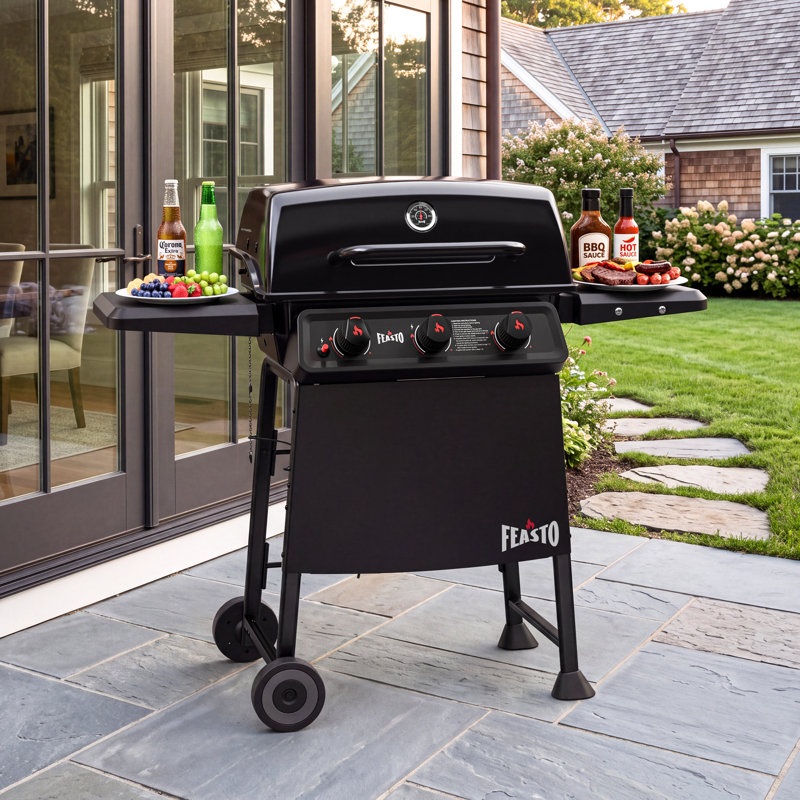 FEASTO 3-Burner Propane Gas Grill, 30,000 BTU, 503 Sq. In. Cooking Area, Porcelain-Enamel Body & Lid, Stainless Steel Burners