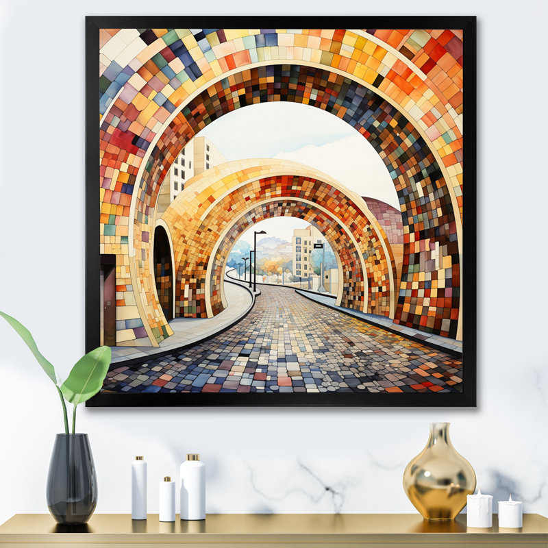 «Orange Bridge Dynamic Archway Pointillism III», reproduction sur toile, Cadre simple noir, H 30 po x l 30 po x P 1 po