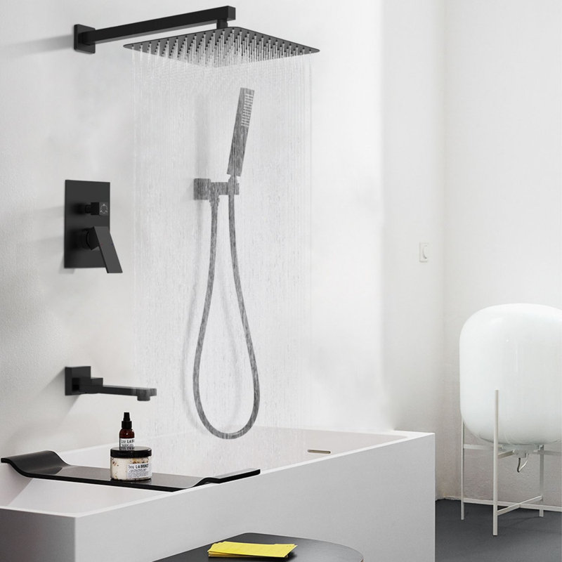 Male NPT 12 Inch High Pressure Rain Shower Head and Tub Faucet with Hand Shower in Matte Black (Valve and Diverter)
