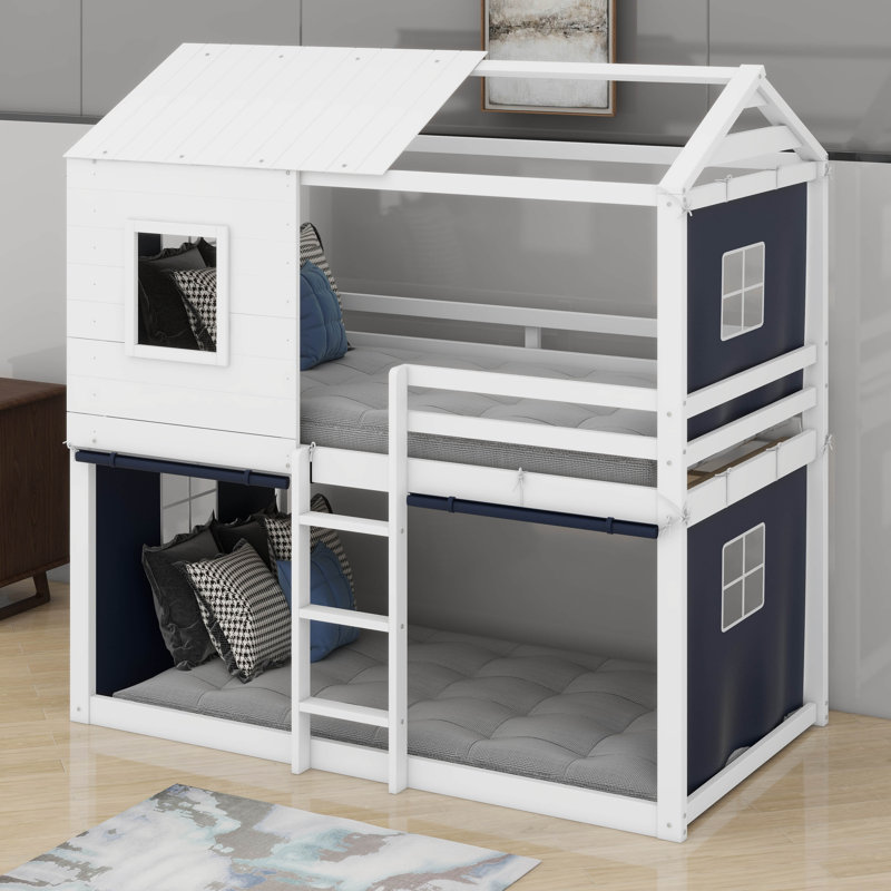 Lit double en bois, Lit double, Bleu / blanc