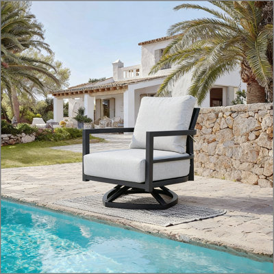 Modern Outdoor Fully Weld Swivel Lounge Chair–Premium Aluminum Frame in Ember Black,Ergonomic Backrest,Boat-Shaped Base Design,Smooth 360°Rotation & Outdoor-Grade Sunbrella Cushion,Weather-Resistant