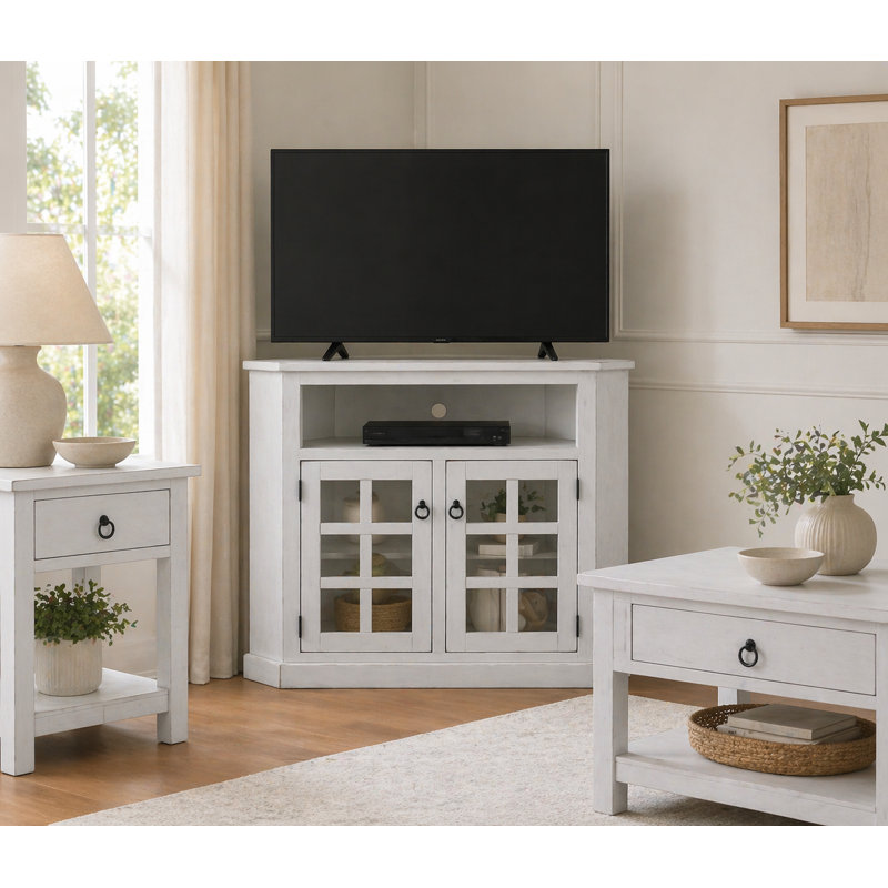 Meuble télé de coin en bois massif pour téléviseur de 55 po ou moins Campos, Blanc brillant