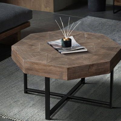 Table basse octogonale de style rétro, combinaison de brun antique, de bois et de métal avec cadre stable pour le salon