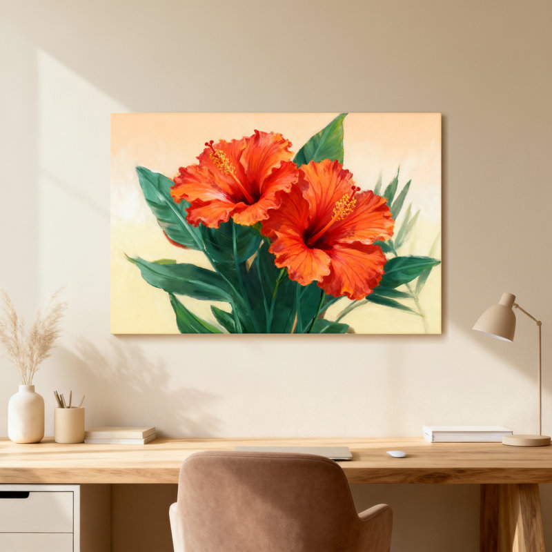 Plantes et fleurs d'hibiscus orange vif avec feuilles vertes, H 12 po x l 18 po, Noir