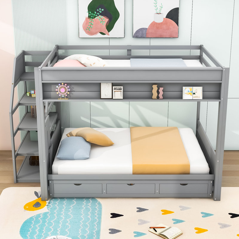 Lit superposé futon sur 3 tiroirs avec bureau intégré Harsirat, gris