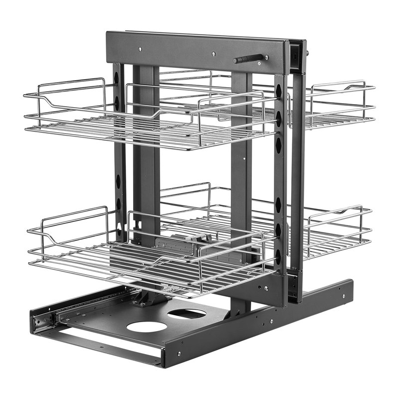 Organisateur de coin coulissant à 2 niveaux - Système d'armoires de cuisine chromées avec 4 tablettes pour un rangement maximal
