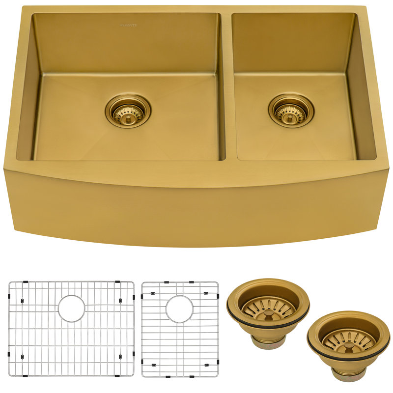 Ruvati 33-inch Stainless Steel 60/40 Double Bowl Apron-Front Farmhouse Kitchen Sink, Gold