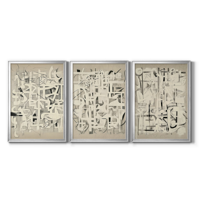 ABSTRACT Series CMV III - Toile tendue avec châssis sur mesure - 3 pièces, H 19 po x l 27 po, Argent argent