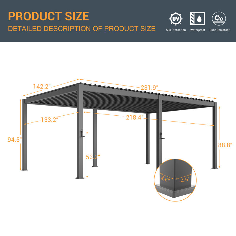 Outdoor Aluminum Pergola with Adjustable Louvers and Concealed Water Drainage System, Gray, 12 ft x 20 ft