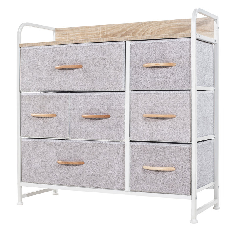 Commode 7 tiroirs Kiomara, Gris clair / Blanc