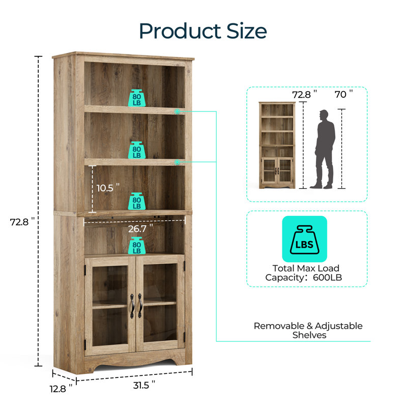 Kistner 2 Pieces 72" Tall Bookcase with Tempered Glass Doors, 6 Shelf Large Storage Cabinet, Brown, 2 Pieces