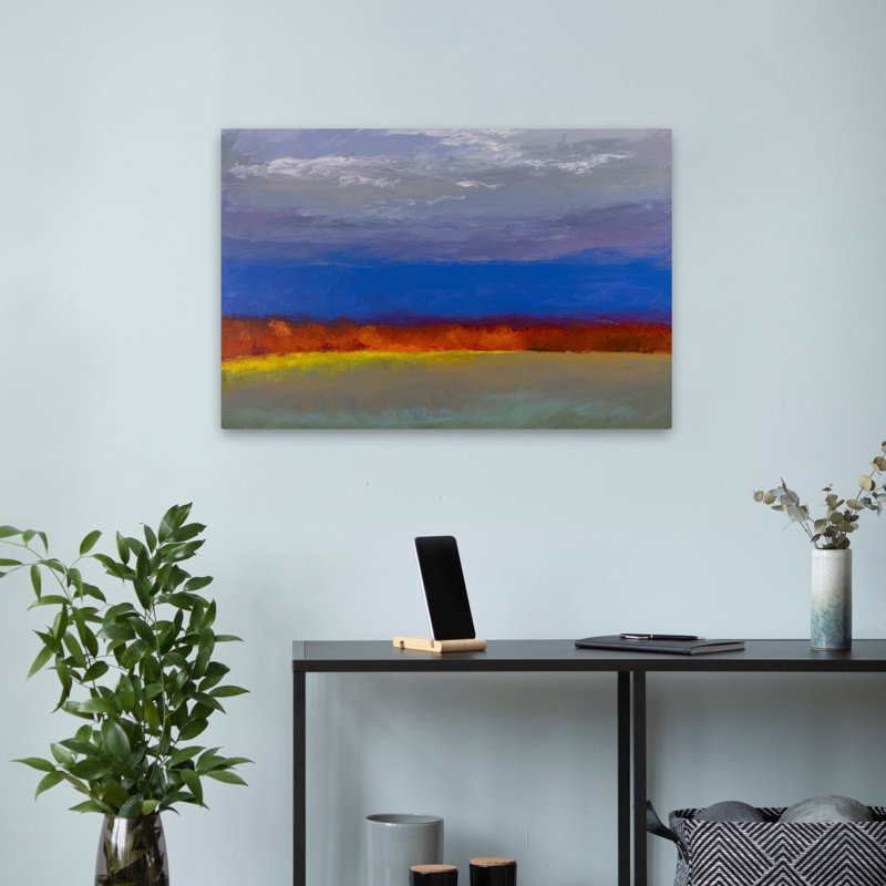Illumination d'arbres lointains - paysages contemporains gris et bleu, H 24 po x l 16 po