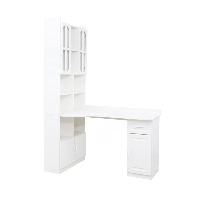 L-Shaped Corner Computer Desk with Drawers, Bookshelf and Hutch, White, 76.77" H x 42.71" W x 28.26" D