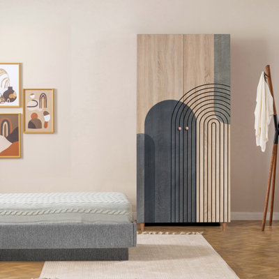 Ayreanna Modern Wardrobe with Solid Wood Handles, Sonomo Color, 35.4 x 75.6 x 20.5 inches | 100% Melamine Coated Chipboard, Thickness: 0.7 inches | Durable Hornbeam Legs & UV Coating, Ample Shelving for Stylish Storage