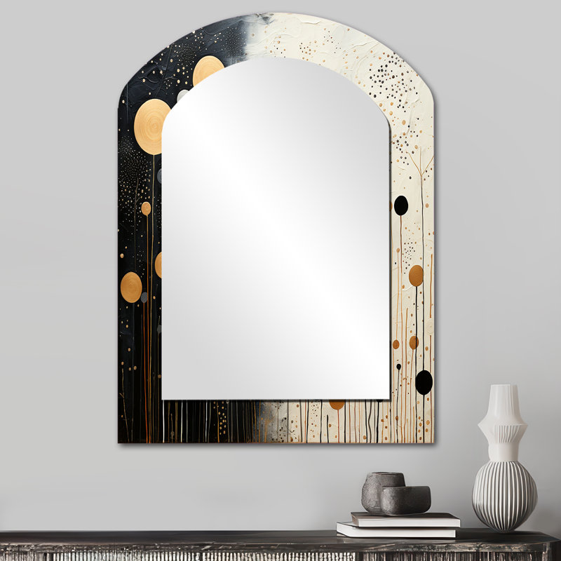 Monogramme Medley II - miroir unique asymétrique à collages abstraits, grand miroir mural arqué noir, impression d'art en métal