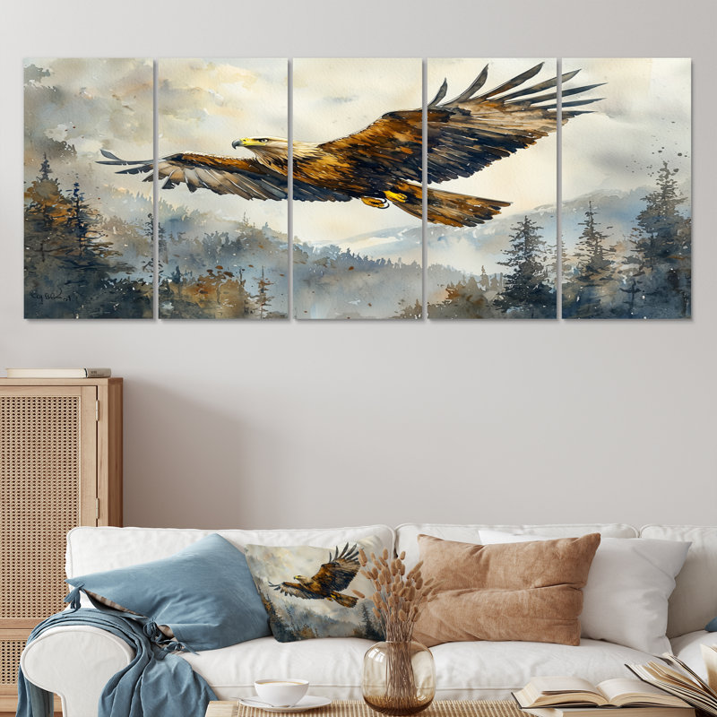 Aigle brun montant au-dessus de la vallée - Art mural oiseau - art mural moderne pour le salon, 5, H 32 po x l 80 po