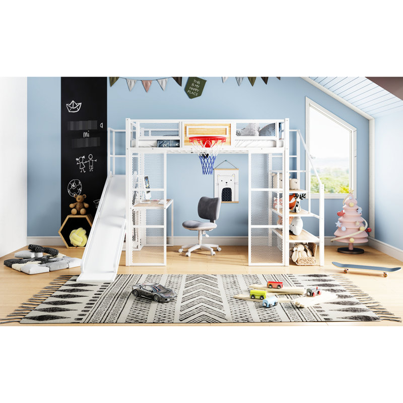 Lit mezzanine double en métal, blanc, avec bureau, garde-robe, cerceau, glissade et escalier - Lit Charisma blanc ouvert et élégant