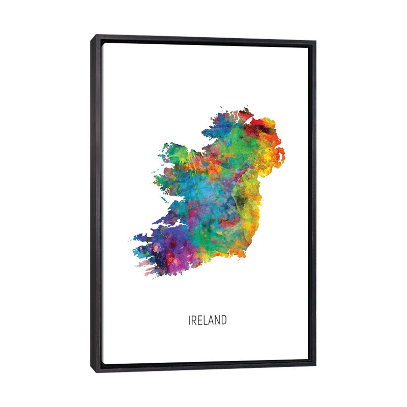 Carte de l'Irlande par Michael Tompsett - impression d'art graphique, Toile avec cadre noir patiné, Pas de tapis