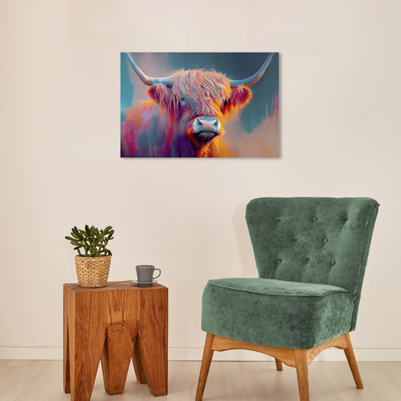 «Labadi Animals Highland Cow Bloom», reproduction d'art sur toile jaune rustique, H 16 po x l 24 po x P 0,8 po