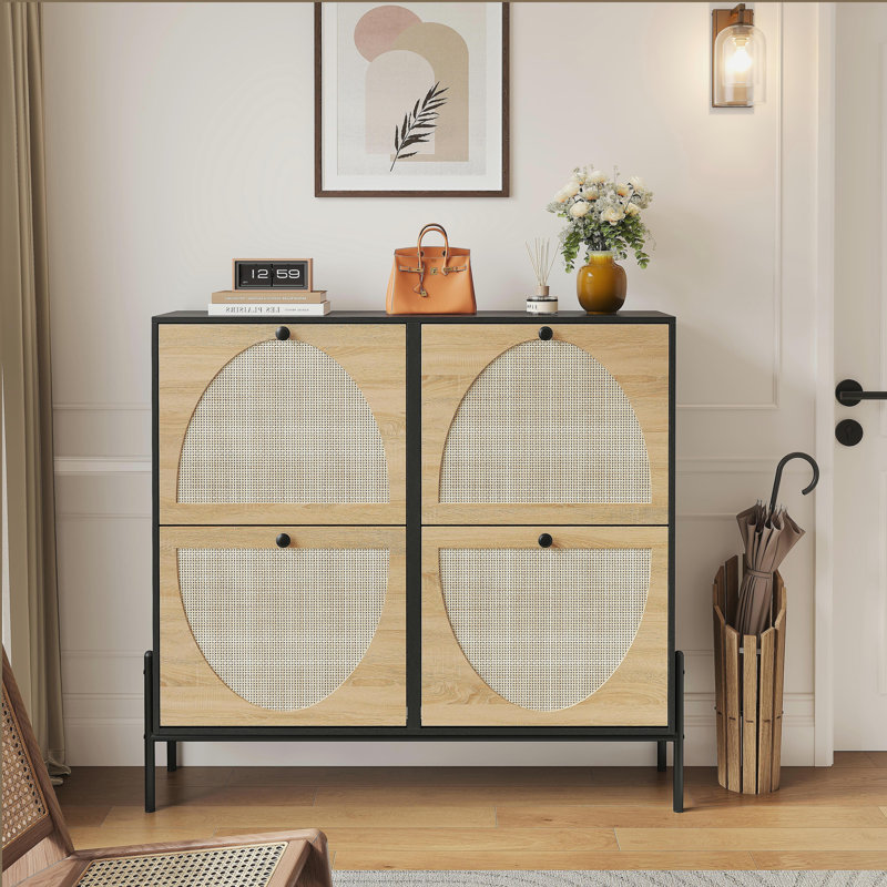 Armoire à chaussures en rotin avec 4 portes rabattables, rangement étroit et élégant pour les entrées et les couloirs, Black