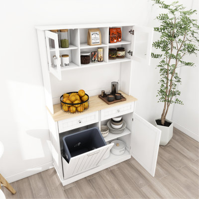 Meuble de rangement de cuisine de 172 cm de haut avec 3 tablettes ajustables, 2 tiroirs et 1 poubelle basculante. Design moderne blanc pour la cuisine, la salle à manger ou le salon. Grand espace de rangement, poubelle dissimulée, revêtement.