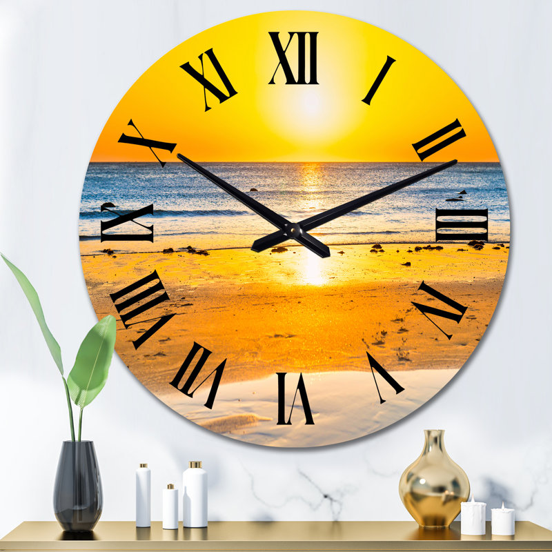 Sunset on Beautiful Sand Beach with Blue Sea Water - Nautical & Coastal Wall Clock, Medium