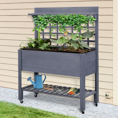 Wooden Raised Garden Bed With Trellis, 41" Elevated Planter For Sparkle, Gray Flowers & Vegetables,