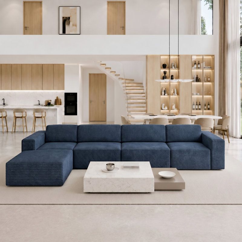 Modular Oversize 404cm Corduroy Boneless Sofa With Ottomans Reversible, No Assembly Required, Blue