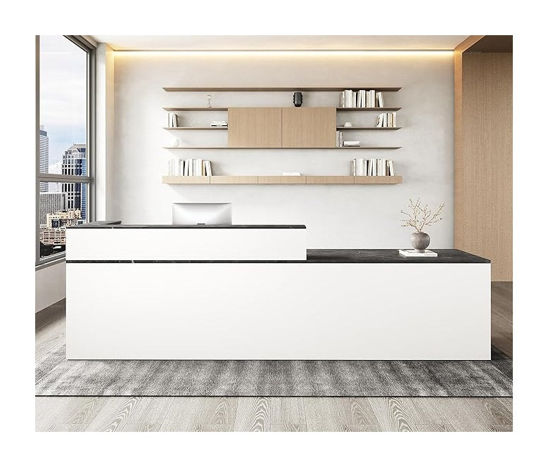 Bureau de réception en L 71 po avec comptoir, bureau moderne en bois d'ingénierie à deux tons pour hall d'entrée ou espace de travail, finition blanche et noire