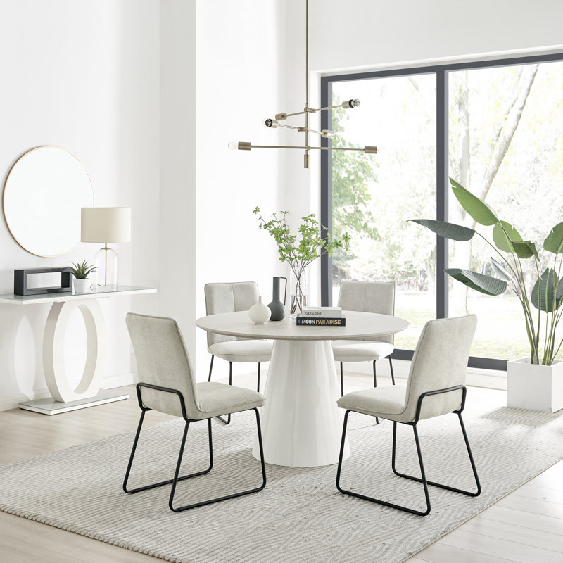 Edzard Statement 4 Person Round Dining Table Set in Luxury Stone Effect - Fabric Dining Chairs, Taupe/Black