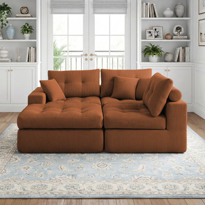 Corduroy Corner Chaise Compression Sofa Bed, L-Shaped Sectional Couch with High-Density Sponge, No-Assembly Required Convertible Sofa for Living Room, Apartment, Guest Room(Orange)
