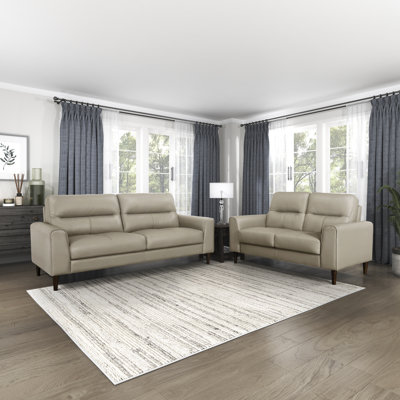 Upton Modern Contemporary Top Grain Leather 2-Piece Living Room Set with High-Density Foam Cushions, Solid Wood Legs & Attached Seating